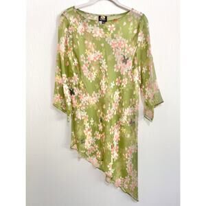 Anne Namba 100% Silk Blouse S Green Sheer Butterflies Fairy Asymmetric Whimsical